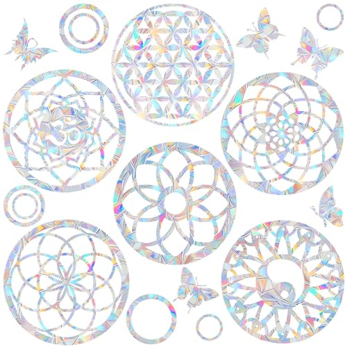 6 Big Mandala Window Decals for Bird Strikes - Anti-Collision Clings to Save Birds,Non Adhesive Vinyl Rainbow Suncatch Stickers, Easy Remove No Residue and Reusable