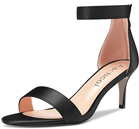 Aachcol Mujer Aguja Medio Heel Sandalias Correa Tobillo Abierta Punta Dress Zapatos Fiesta de Boda Satín Negro 6.5 CM 36 EU