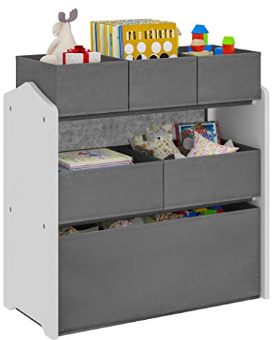 Lestarain 3-Tier Children Storage Unit, Toy Organiser with 6 Removable Boxes, White MDF Frame with Grey Non-Woven Toy Chests for Nursery, Children’s Room, 63x30x60cm