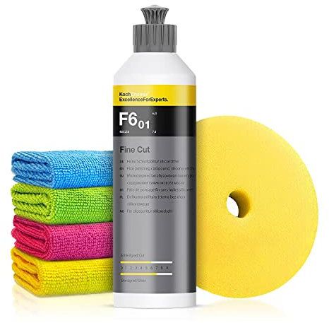 Autopolitur Set: Koch Chemie Fine Cut F6.01 Feinschleifpolitur (250ml) - Beseitigt mittelstarke Kratzer - Für alle Lacke - Exzenter oder Rotation - Auto polieren, Politur, Feinschleifpaste | 6-teilig