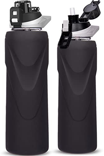 DEARRAY 1l Sport Trinkflasche Glas Flasche mit Strohhalm 1 liter auslaufsicher bpa frei Gym Wasserflasche mit Silikonhülle für Smoothie, Früchte Kohlensäure geeignet (Tiefschwarz)