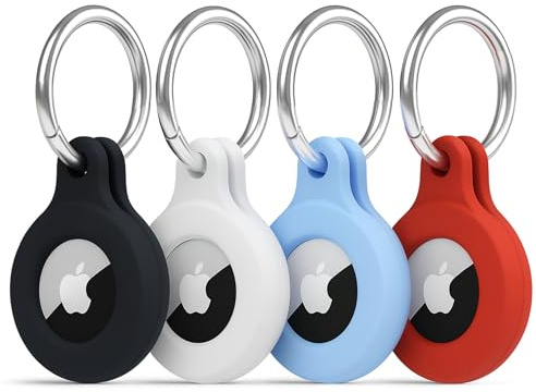 Lot de 4 supports Apple Airtag,Porte-clés Apple Airtag,Tracker Airtag avec porte-clés, étui de protection en silicone multicolore pour portefeuille, collier de chien, bagages, blanc, rouge)