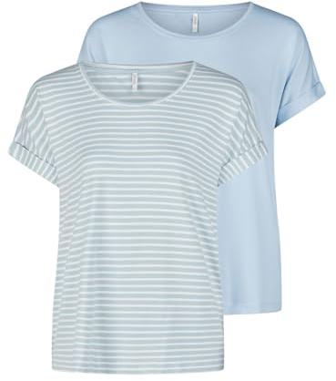 ONLY Tshirt Damen Bluse Top ONLMOSTER 2er Pack Regular Fit Rundhals Basic | Kurzarm Shirt Streifen Braun Blau Rose Grün Schwarz XS S M L XL XXL