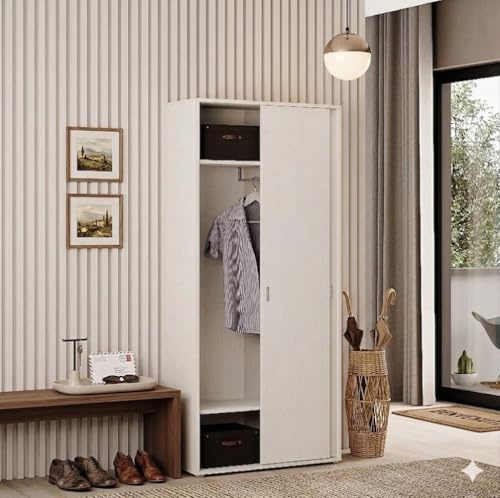 Linea Azzurra Armadio Ante Scorrevoli in Legno con Ripiani e Porta Scarpe Made in Italy Bianco Frasinato 212x90x43cm per Camera da Letto, Ingresso, Soggiorno Moderno ed Elegante