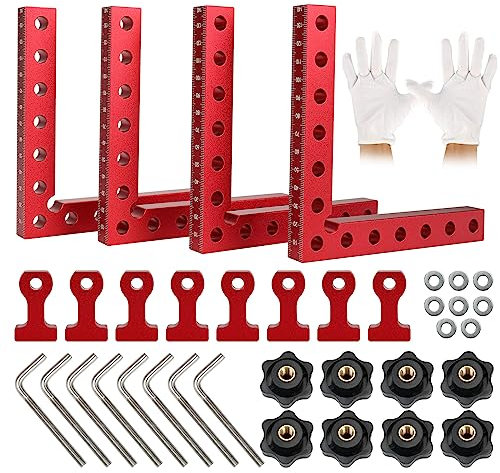 Tendeur d'angle à 90 °, 4 carrés de serrage en aluminium, carré de positionnement de charpentier, pince de type L, pinces à angle droit, outil de travail du bois avec gants, 8 pinces