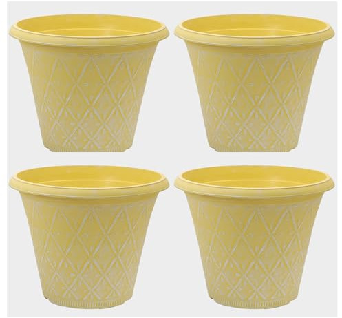 Fyne-Finds Set of 4 Round 30cm, 12inch Garden Plastic Material Plant Pot Yellow Outdoor Planter Decorative Cover, Drainage Holes, Weather Proof