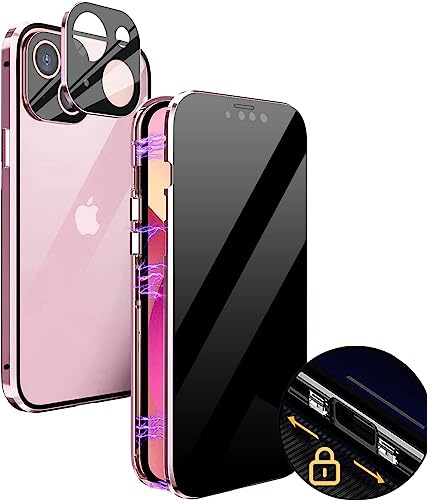 MIMGOAL Case for iPhone 13 Mini Anti-Peep Magnetic Cover,Privacy Tempered Glass Full Cover Built-in Camera Protector,360 Degree Front and Back Protection Metal Bumper Case for iPhone 13 Mini Pink