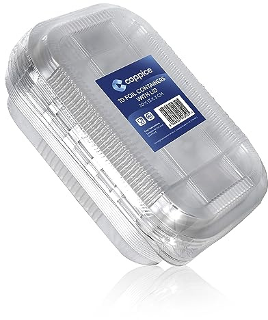 Coppice Strong Aluminium Foil Tray with Plastic Lid for Baking, BBQ, Roasting, Grilling, Air Fryer & Food Storage | 20cm x 13cm | Freezer, Microwave & Oven Safe | 10 pack (Depth 3cm)