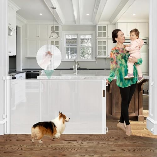 Förstärkt 152 cm bred infällbar babygrind med förstärkta stavar, 1,5 m infällbar hundgrind inomhus/utomhus babygrind infällbar nätgrindar för barn och husdjur infällbar grind – botten anti-flyg, vit
