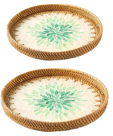 Lot de 2 Plateaux de Service en Rotin, Paniers à Pain en Rotin pour Servir, Plateau Rond Décoratif en Osier avec Incrustation de Nacre, Plateau de Rangement de Fruits pour Table Basse, Service(#1)