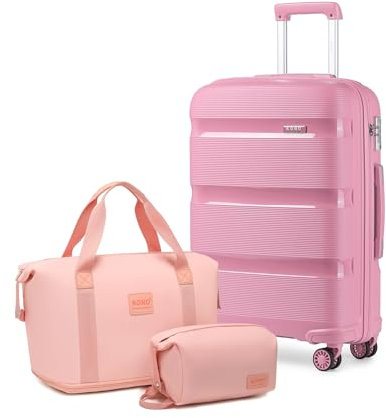 KONO 3-teiliges Hartschalen Reisegepäck-Set, Rose, 20 Inch, mit 1 Reisetasche, 1 Kulturbeutel und erweiterbarer Reisetasche