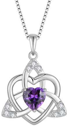 FJ Herz Keltischer Knoten Kette Damen 925 Sterling Silber Geburtsstein Anhänger Irischer Glücksschmuck Geschenke für Frauen Mutter Freundin Mama