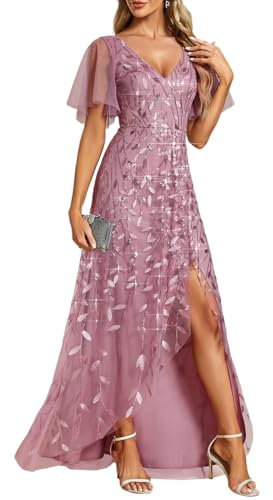 Ever-Pretty Women's Maxi Evening Dresses Sequin Embroidered Double V Prom Dress with Ruffles Sleeve Bridesmaid High-Low Dress Orchid 12UK