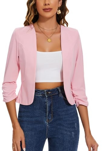 LADI TREND Womens Cropped Blazer Collarless Suits & Blazers Open Front Jackets 3/4 Ruched Sleeve Outerwear Half Linen Cardigan