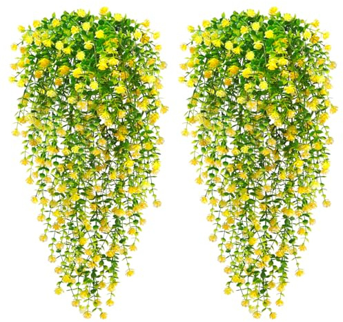 Yueshop 4Pcs Artificial Hanging Flowers, Artificial Hanging Plants Outdoor | Yellow Plastic Fake Flowers UV Resistant , Artificial Hanging Baskets Hanging Plants Outdoor, Home Garden Porch Wedding Decor