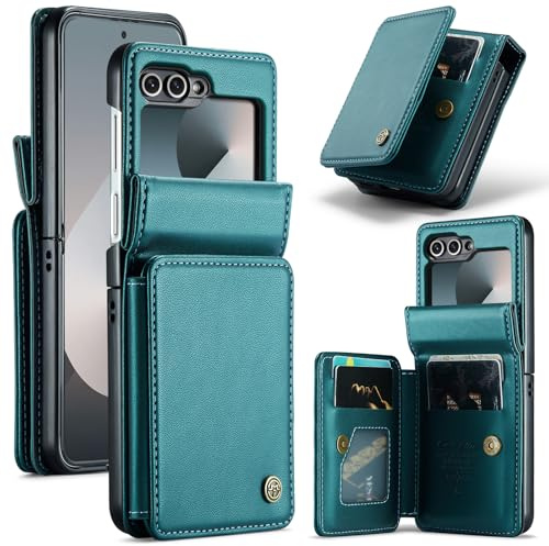 UFinetech Coque pour Samsung Galaxy Z Flip 6 2024 - Étui Bleu-Vert Flip6 5G en Cuir avec Fentes pour Cartes, Protection Écran et Caméra, Résistant aux Chocs et Rayures, Support Intégré, Robuste Mince