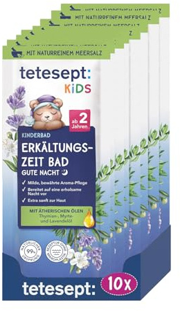 tetesept Kids Badesalz Erkältungszeit Gute Nacht 40 g – Erkältungsbad mit 3 ätherischen Ölen und Meersalz – Für besseres Ein- und Durchschlafen für Kinder ab 2 Jahren