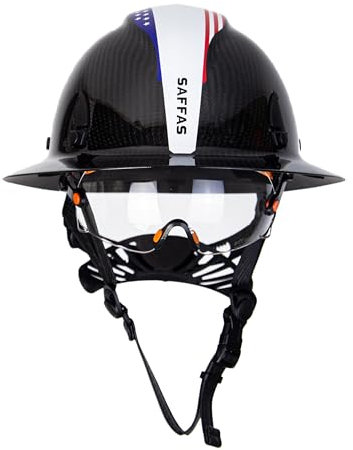 Saffas Carbon Fiber Full Brim Hard Hat Safety Helmet with Goggles and Leather Chin Strap 6-Point Suspension Adjustable Knob with Neck Protection (White)