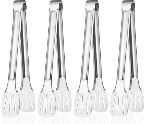 MAEXUS 4 pinzas de cocina de acero inoxidable, pinzas para barbacoa, pinzas de pastelería, diseño de 3 líneas, pinzas de cocina para asar, buffets, cocina, hornear, 17 cm, color plateado