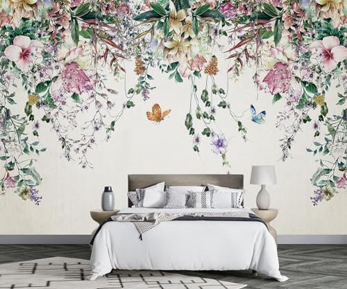 MIWEI Wallpaper Papier Peint Panoramique Papillon Floral Rétro Papier Peint Nature Intissé Murale Chambre Salon -F023-350cmX256cm