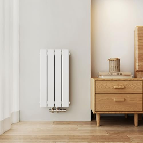 EMKE Radiador Pequeño Vertical 600x300 mm, Plano Estrecho para Baño, Conexión Central, Doble Panel, 327 Vatios, Blanco