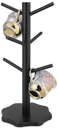 XUDREZ Wood Mug Tree, Bamboo Cup Holder with Thickened Base, Kitchen Coffee Cup Holder, Free Standing Mug Stand Kitchen Supplies for Tea Coffee Cup Mug Jewelry Organizer Tree (Black-01)