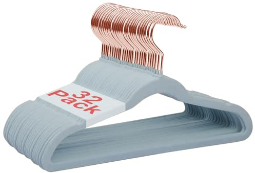 Wellong Grucce appendiabiti per bambini, 28 cm, con gancio girevole a 360°, antiscivolo, in velluto, salvaspazio, 32 pezzi, blu (ganci in oro rosa)