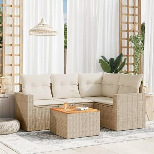Somanki 5-TLG. Garten-Sofagarnitur mit Kissen Beige Poly Rattan, Lounge Gartenmöbel Set, Möbelsets, Balkon Möbel, Gartenlounge, Gartensofa - 3224105