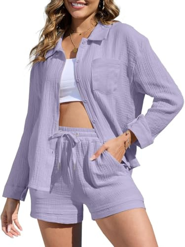 Joligiao Conjuntos Mujer de Verano Conjuntos 2 Piezas Camisa de Lino Manga Larga y Pantalones Cortos Chándal Casual Conjuntos de Lino de Algodón Verano Conjunto de Ropa de Playa(Morado,M)