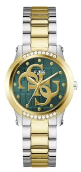 Guess Annette Damen Uhr 36 mm Edelstahl – Quarz Analog Armbanduhr Bicolor Edelstahlarmband Gold Silber, Fashion Uhr Grün mit Leuchtzeiger, 1 bar GW0861L4