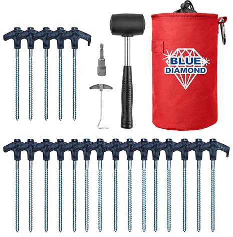 Blue Diamond Heavy Duty Screw Tent Pegs - Pack of 20 | Hard Ground Tent Pegs, Camping Pegs | Rustproof Galvanized Steel (Deluxe Kit (Mallet, Peg Puller, Drill-Adaptor, Carry Bag))