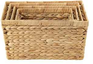 ECHTWERK Juego de 4 cestas de jacinto de agua, rectangulares, colores naturales, cestas de mimbre en S/M/L/XL, apilables para baño, oficina y salón