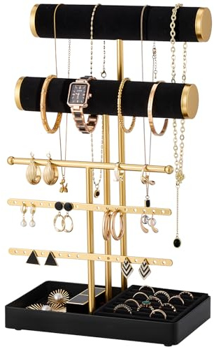 Lolalet Portagioie a 5 Piani - Porta Collane e Orecchini Display per Braccialetti e Orologi da Donna, Tower con Supporto in Velluto per Anelli, Collane e Bracciali, Nero