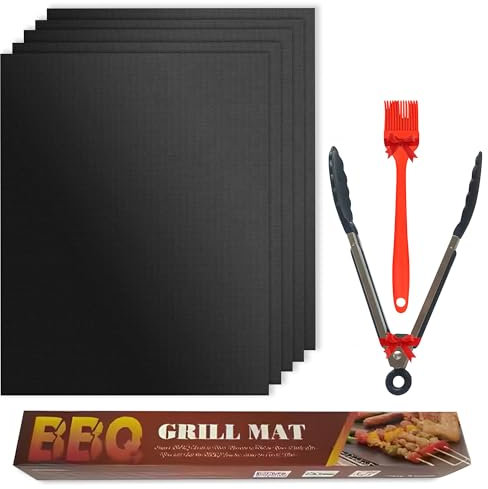 TingeVer - BBQ Grill Mats for Outdoor Grill – Non-Stick Grill Cooking Mat Set of 5 with Gift Tongs, Brush & Recipe QR – Reusable Grill Liners for Outdoor Grill Cooking (Black)