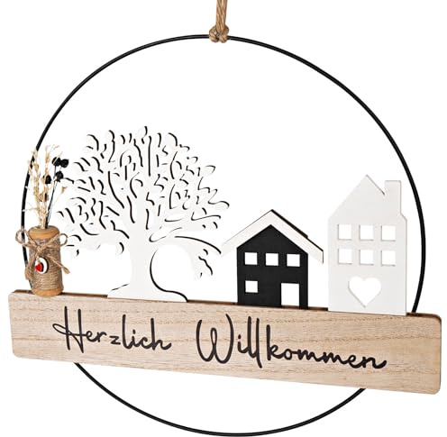 Trockenblumenkranz, Türkranz Ganzjährig, Türkranz Trockenblumen, Personalisiert Dekokranz mit Willkommensschild, Ganzjährig für Wand, Tür, Fenster Deko