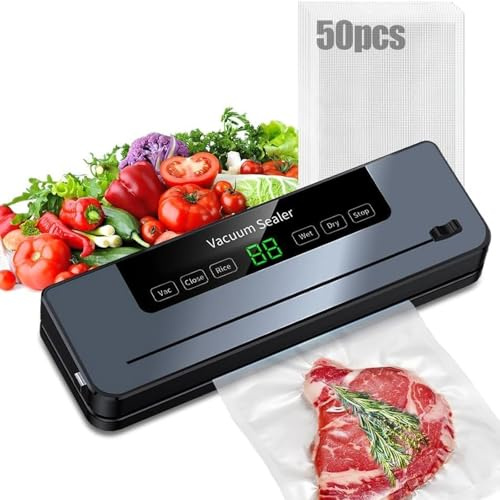 Lwuey Food Vacuum Sealer Machine with 50 Bags and Extra Tube, 90kPa UK Plug | Vac Pack Machine For Sous Vide, Meat, Freezer Storage Wet and Dry Mode Compact Size 35.6x11x5.5cm Kitchen Meal Prep Essential