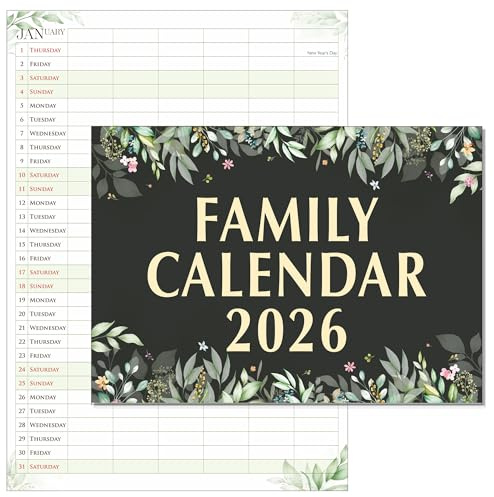 Family Calendar 2026 6 columns. Monthly planner useful as a family planner calendar 2026. Printed by CO2 neutral printer with vegetable ink, fully recyclable