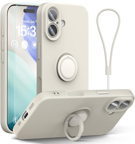 abitku for iPhone 17 Case 6.3'', Ring Stand Silicone Slim Design (with Wrist Strap), Magnetic Car Mount Case Cover Compatible with iPhone 17 (White Stone)
