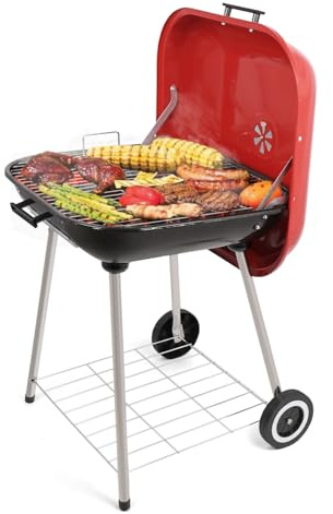 PAXLINSEN Tragbarer Holzkohlegrill, 22-Zoll BBQ Räucherofen mit tragbaren Rädern und Bodenablage für Camping, Kochen im Garten und Picknicks (Rot)