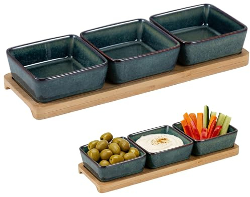 YuLiMirich 3 x dippskålset med träbräda, dippskålar för snacks, keramisk dip-skålar, set med snackskålar och dippskålar, serveringsskålar, set som såsskålar, dessertskålar (grön)
