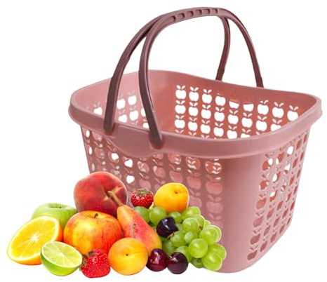 Tofficu Cesto della Spesa in Plastica Medio Rosa Manico, Cestino Portafrutta e Contenitore di Stoccaggio per Uso Domestico e Picnic