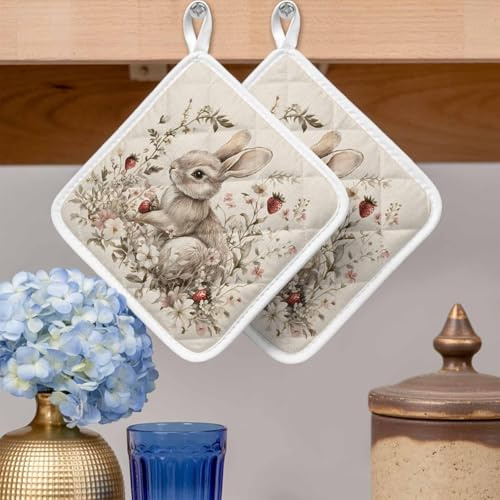 Pot Holders Set of 2, Easter Farm Rabbit Flower Strawberry Potholder for Kitchen Heat-Proof Hot Pads, Spring Floral Retro Flax Hot Mats Potholders for Cooking Baking BBQ