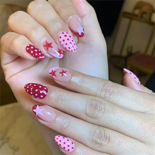 Confezione da 24 stampini per unghie in stile francese, ovali, lucidi, con pois rossi e stelle, per feste eleganti, unghie corte ovali lucide