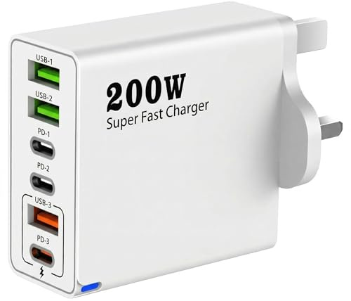 200W USB C Charging Station, 6-Port Multi USB Charger Fast with PD 100W/65W/45W/20W Fast Charging Multi Charger usb Plug uk Compatible with phone, Tablets and USB-C Devices