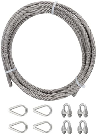 PH PandaHall Cable de acero inoxidable de 10 mm, 5 m, 7 x 19 hebras, cable de metal con guardacabos y abrazaderas, cuerda de alambre de avión para equipos de elevación de barcos, teleféricos