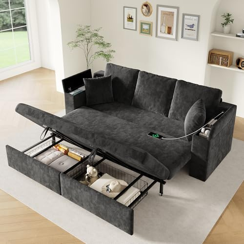 Merax Schlafsofa 3-Sitzer Sofa mit Schlaffunktion, Multifunktionales 3-in-1 Schlafcouch Ausziehbar mit Stauraum, Armlehnen‑Ablage und USB-Anschluss, Sofa Bett für Wohnzimmer/Schlafzimmer, Grau