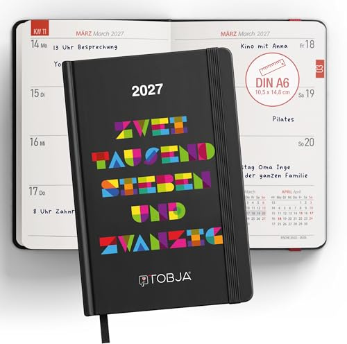 TOBJA® Taschenkalender 2027 A6 Mosaik bunt - 1 Woche 2 Seiten, FSC Hardcover mit Statement-Design, Lesebändchen & Gummiband, Ferien & Feiertage | Buchkalender 2027 A6 klein