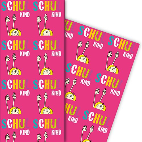 Lustiges Geschenkpapier zu Einschulung mit MädchenSchulkind, pink, für tolle Geschenk Verpackung und Überraschungen 32 x 48cm