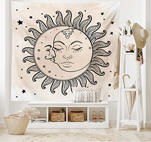 ABAKUHAUS Sonne Wandteppich und Tagesdecke, Sonne und Mond Mystische aus Weiches Mikrofaser Stoff Waschbar ohne Verblassen Digitaldruck, 230 x 140 cm,Koksgraue Tan