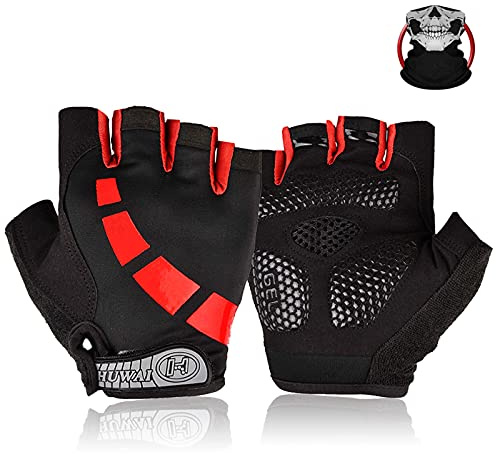 Nesirooh Guanti da MTB Uomo e Donna, Guanti da Ciclismo Mezze Dita Estivi per Moto Bicicletta Bici Palestra Uomo Antiurto Antiscivolo Traspirante (Nero rosso, XL)